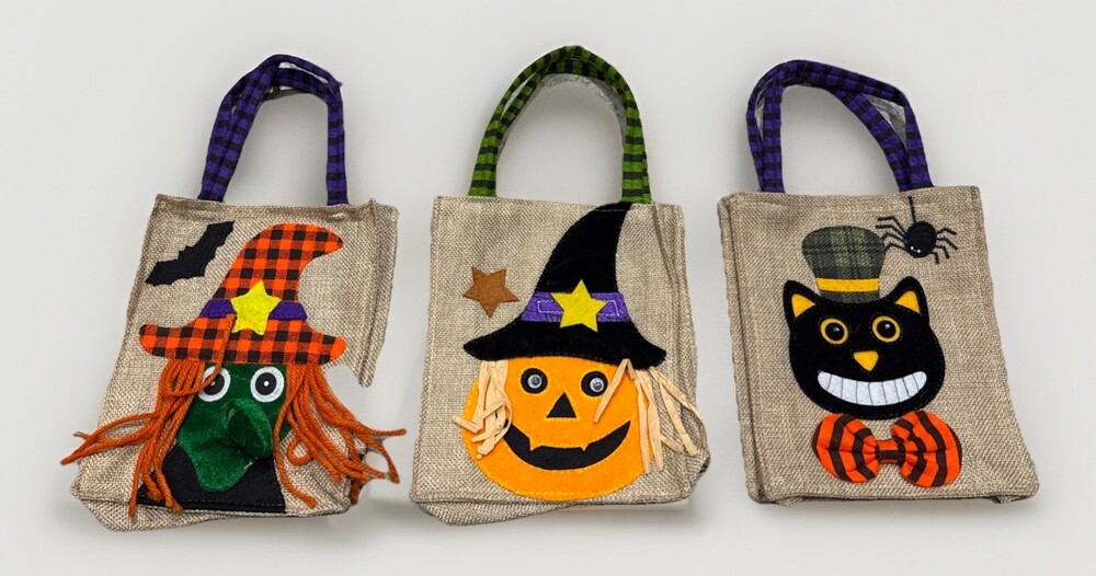 (3)Trick-or-Treat Halloween Reusable Tote Bags Burlap Witch Cat Scarecrow Party